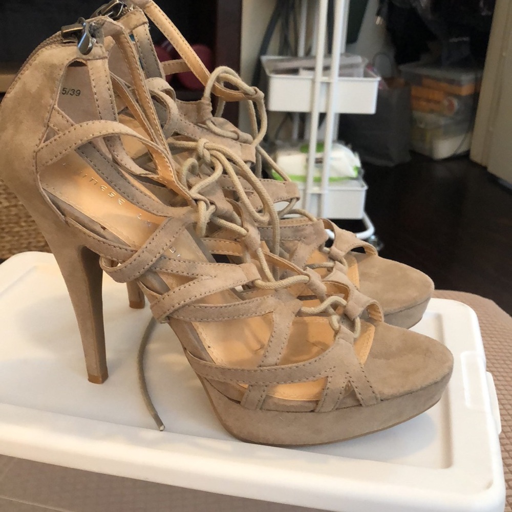 Chinese Laundry High heel faux suede front platform strappy sandals.